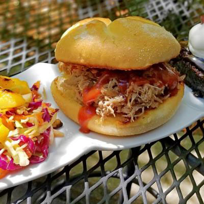 Plulled pork with mango coleslaw and a brownie